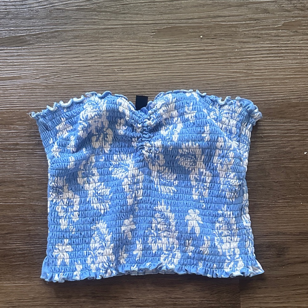 Blue and White Smocked Women's Top